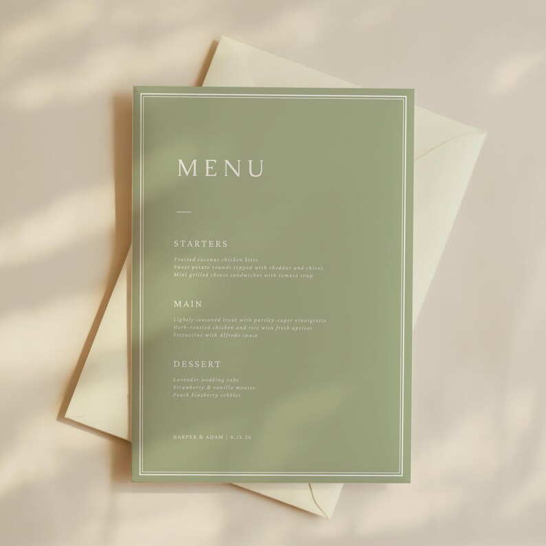 Menu Seeable Sage Green Classic Wedding Dinner Menu Editable Template (digital ...