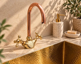 Engraved Brass Kitchen Faucet with Copper Gooseneck Spout, Unlacquered Vintage Moroccan Sink Tap