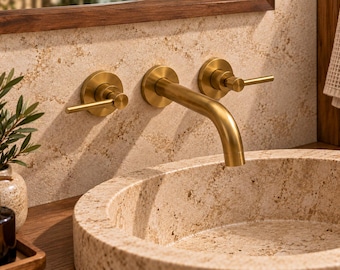 Grifo de baño de latón macizo para montaje en pared, grifo de lavabo de latón sin lacar, grifo de pared de estilo vintage moderno, grifo de latón de doble manija