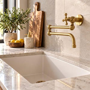 Puede incluir: Un grifo de pared de latón para llenar ollas con diseño de manija en cruz, situado sobre un fregadero de cocina rectangular blanco encastrado en una encimera de mármol claro con vetas grises, con un desagüe de latón a juego.