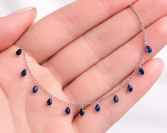 Blau Saphir Quarz Teardrop Halskette, Sterling Silber Dainty Charm