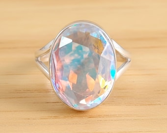 Anello con quarzo Angel Aura, pietra preziosa iridescente in argento sterling, gioielli boho