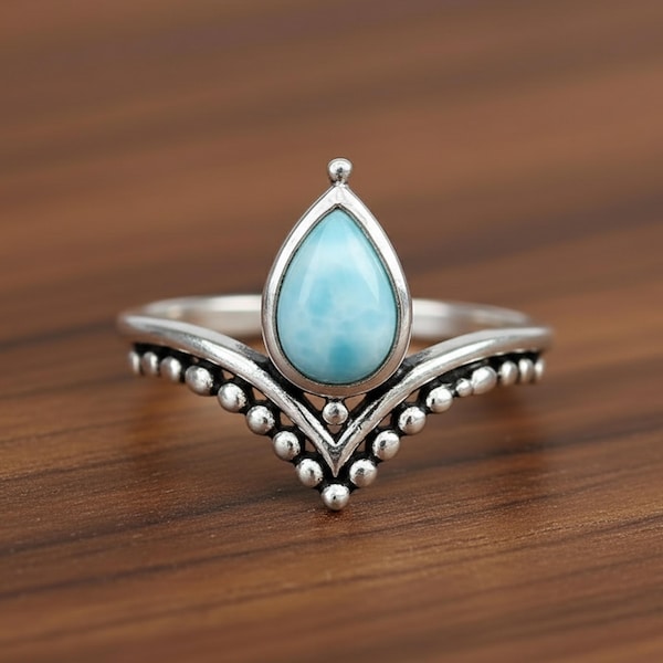 Handmade Sterling Silver Larimar Teardrop Ring | Bohemian Jewelry