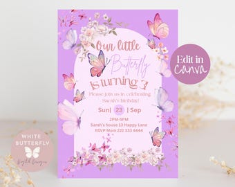 Butterfly Birthday Invitation | Purple and Pink Floral Party Template | Editable Girl Birthday Invite Digital Download | Canva Template