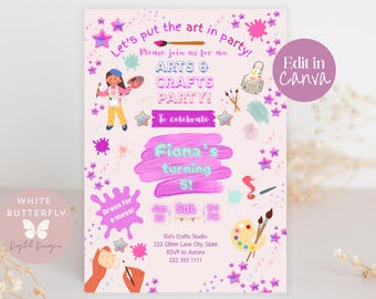 Invitación de cumpleaños editable con manualidades / Pongamos el arte en la fiesta / Invitación de niña artista pintando / Rosa, morado, azul / Fiesta de manualidades
