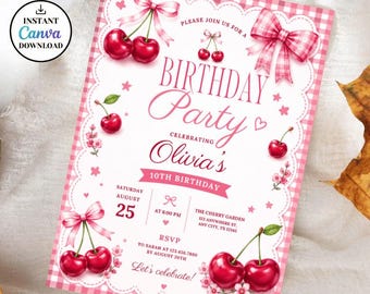 Cherry Sweet Birthday Invitation, Pink Gingham Coquette Bow Theme Party Invite, Cherry Bow Birthday Party Invite, Editable Canva Template