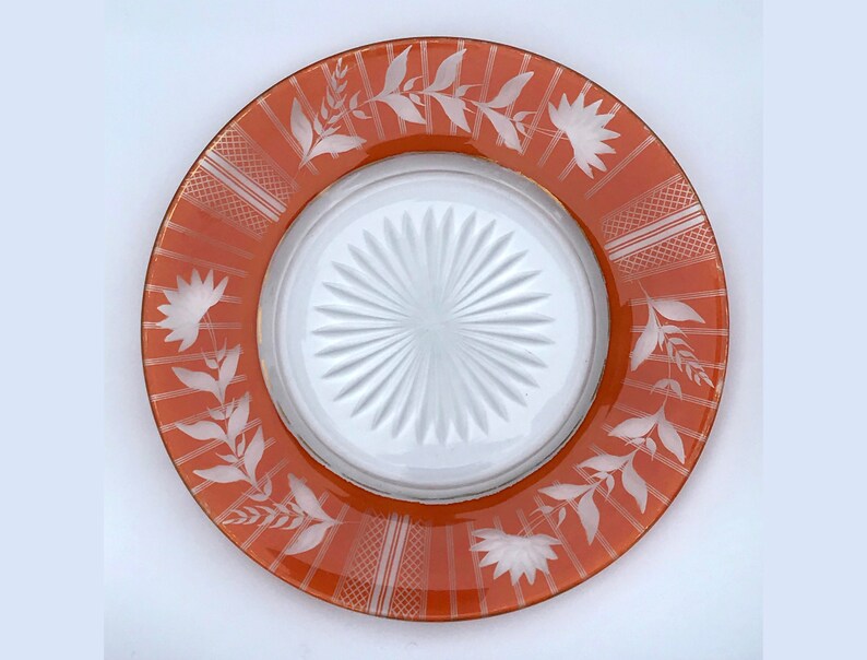 Six Small Vintage Plates Cut Glass Red To Clear With Gold Edge Dinnerware