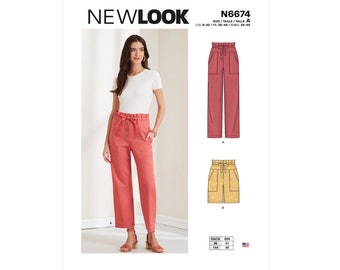 N6674, New Look sewing pattern, pull-on pants and shorts with front and back pockets, sizes 8-20. Uncut, factory folded.