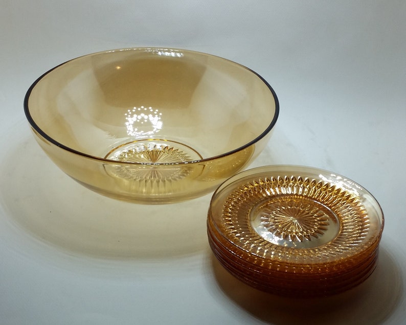 carnival glass. Vintage salad set in Anniversary Marigold by Jeannette Glass