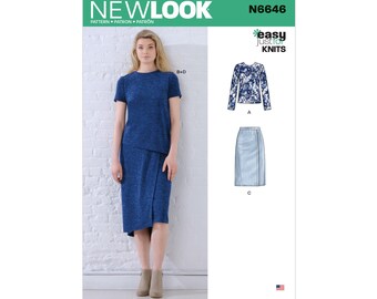 N6646, New Look sewing pattern, top and skirt, sizes 8-20. Just for knits pattern. Uncut, factory folded.