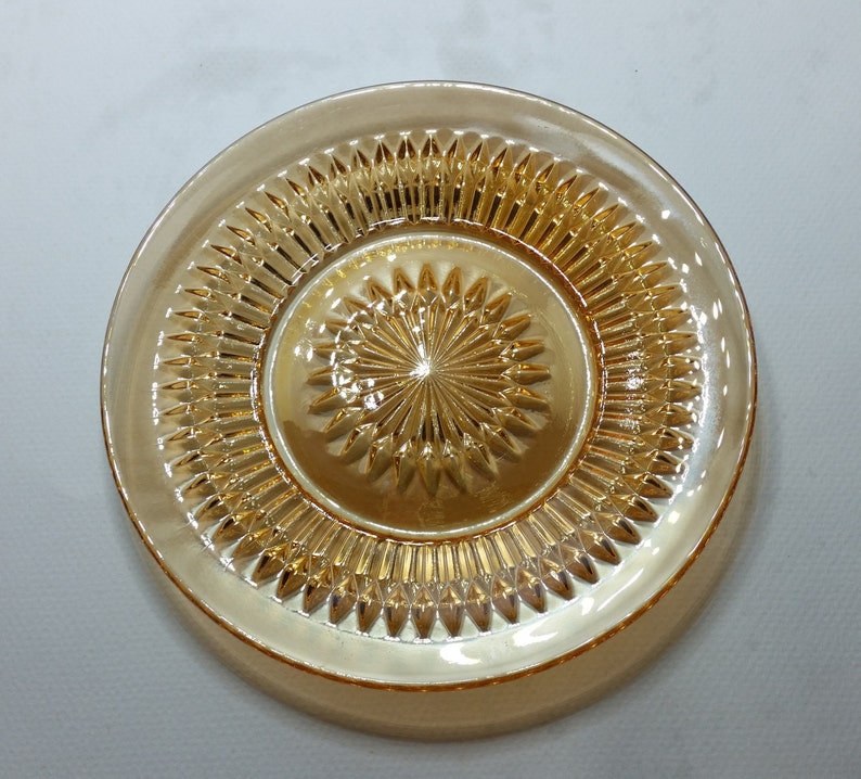 carnival glass. Vintage salad set in Anniversary Marigold by Jeannette Glass