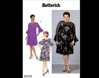 B6588, Butterick pattern, dress with skirt and sleeve variations, sizes 18W-24W (RR) and 26W-32W (KK). Uncut, factory folded.