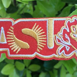 Op de afbeelding: Rode geborduurde patch met de letters "AST" in wit en goud. De letter "S" heeft een zonontwerp. Rechts is een cartoonduivel met een drietand. De patch wordt door een hand vastgehouden.