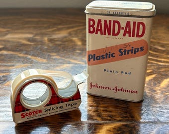 Rare Vintage Scotch Splicing Tape Metal Tin with Johnson and Johnson Band-Aid Plastic Strips Tin Collectible Pharmacy Tins