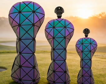 Reflective Geometric Golf Club Headcovers Iridescent Holographic Wood Covers Set Custom Golf Gift for Men Luxury Putter Cover Father's Day