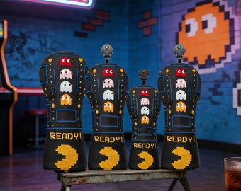 Retro Arcade Pac-Man Golf Headcovers Set Pixel Ghost PU Leather Driver Wood Hybrid Putter Covers Vintage Gamer Golf Accessories Gift for Him