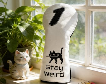 Stay Weird Cat Golf Headcovers Set | Premium PU Leather Driver Fairway Hybrid Covers Minimal Black Cat Design Funny Unique Gift for Golfers