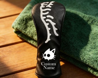 Personalized Golf Headcover with Name Custom Leather Driver Cover Edgy Skeleton Spine Design Unique Golf Gift for Men Custom Logo Headcover