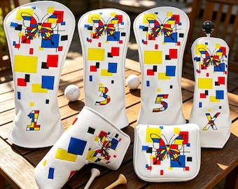 Abstract Mondrian Style Golf Headcover Set Color Block Butterfly Driver Cover, Fairway Wood Hybrid Putter Cover Modern Art Golf Gift for Men