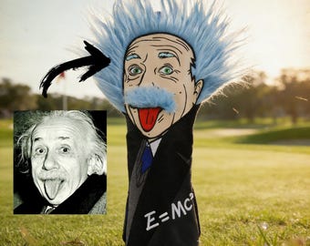 Albert Einstein Blue Faux Fur Golf Headcover E=mc2 Funny Genius Scientist Driver Cover Premium Golf Club Protector Novelty Gift for Golfer