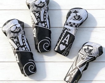 Playing Card Royalty Golf Club Headcover Set Pure White Black Vegan Leather White Line Art Details Unique Golf Gift for Men Funny Club Cover