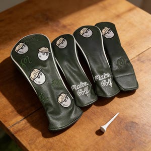 Couvre-chefs de golf rétro vert foncé, housses de clubs brodées de dessins animés vintage, ensemble de protections de golf en cuir PU premium, cadeau de golf esthétique pour lui