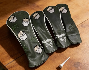 Retro Dark Green Golf Headcovers Vintage Cartoon Embroidered Club Covers, Premium PU Leather Golf Protector Set, Aesthetic Golf Gift for Him