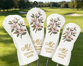 Personalized Golf Headcover: Custom Name Magnolia Floral, Classic Embroidered White Leather Club Cover, Unique Golf Gifts for Men