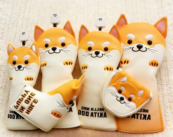Cute Akita Dog Golf Headcovers Set Cartoon Shiba Inu Leather Driver Wood Hybrid Putter Covers Adorable Golf Club Protector Gift Dog Lovers