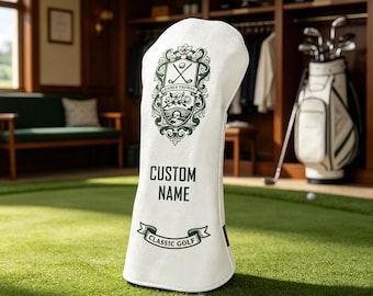 Personalized Golf Headcover: Custom Name Vintage Crest, Classic Embroidered 460cc Driver Cover, Unique Golf Gifts for Men