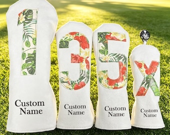 Personalized Golf Headcovers Set Custom Name Number Driver Fairway Hybrid Covers Floral Leather Golf Club Covers Monogram Golf Gift for Mom