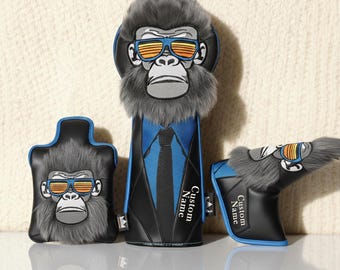 Cool Gorilla Golf Headcover Set Funny Monkey Driver Cover Faux Fur Unique Golf Gift for Men Novelty Animal Golf Accessories Club Head Cover