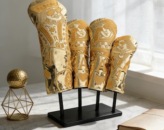 Gold Playing Card Golf Headcover Set Premium Leather Driver Fairway Hybrid Covers Ace King Queen Design Luxury Poker Style Golf Gift for Him