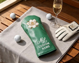 Personalized Golf Headcover: Custom Name or Monogram, Magnolia Embroidered Green Leather Golf Club Cover, Luxury Golf Gift for Him