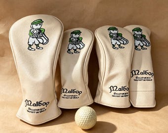 Vintage Cartoon Golfer Headcovers Set PU Leather Golf Club Covers Driver Fairway Hybrid Cute Golf Accessories Gift for Men Golf Lovers