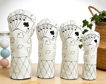 Pure White Vegan Leather Black Line Art Details Perfect Unique Golf Gift for Men Funny Poker-Inspired Golf Club Head Covers Protector Set