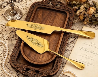Personalized Gold Wedding Cake Server Set Custom Engraved Knife and Spatula Elegant Keepsake Bridal Shower Gift Anniversary Gift for Couple