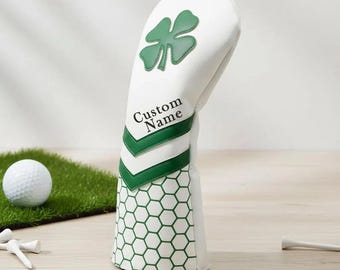 Lucky Clover PU Leather Driver Head Covers Set  Green Golf Club Cover Hex Pattern Unique Gift for Him Irish-Style Good-Luck Golf Accessory