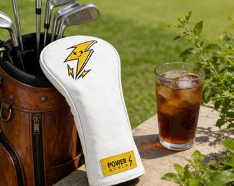 Lightning Bolt Golf Head Cover, White Driver Fairway Wood Hybrid, Electric Power Design, Embroidered Accessories, Leather Club Protector