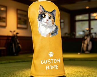 Personalized Watercolor Golf Headcover: Custom Pet Photo Portrait, Custom Name Yellow Leather Club Cover, Unique Golf Gifts for Pet Lovers
