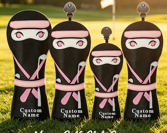 Ninja Golf Headcovers Personalized Custom Name Golf Club Covers Funny Pink Ninja Golf Gift for Women & Men Driver Wood Hybrid Putter Cover