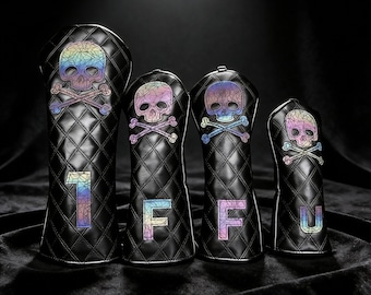 Reflective Skull Golf Headcover Holographic Golf Club Cover Black Leather Driver Fairway Hybrid Gothic Gift Monogram Set Cool Crossbones