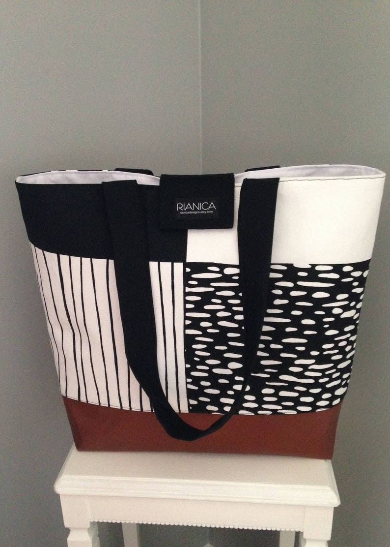 Black and White Abstract Fabric Tote Diaper Bag Beach bag Market bag image 5