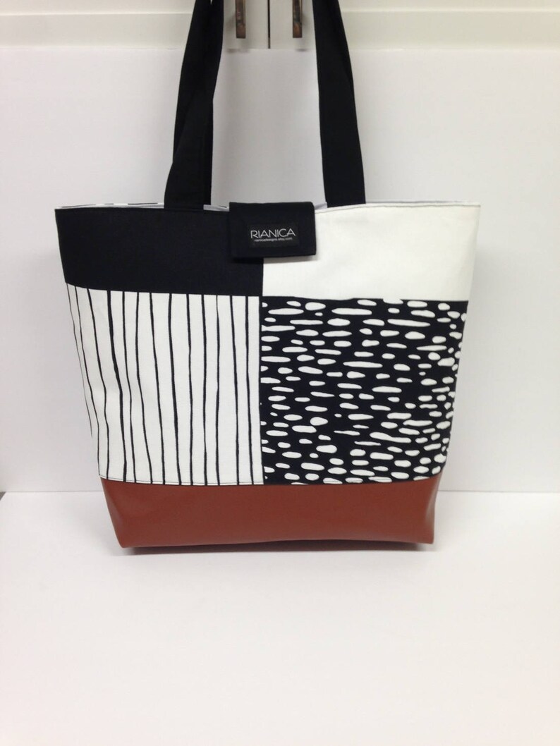 Black and White Abstract Fabric Tote Diaper Bag Beach bag Market bag image 3