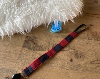 Fabric buffalo plaid Soother pacifier clip