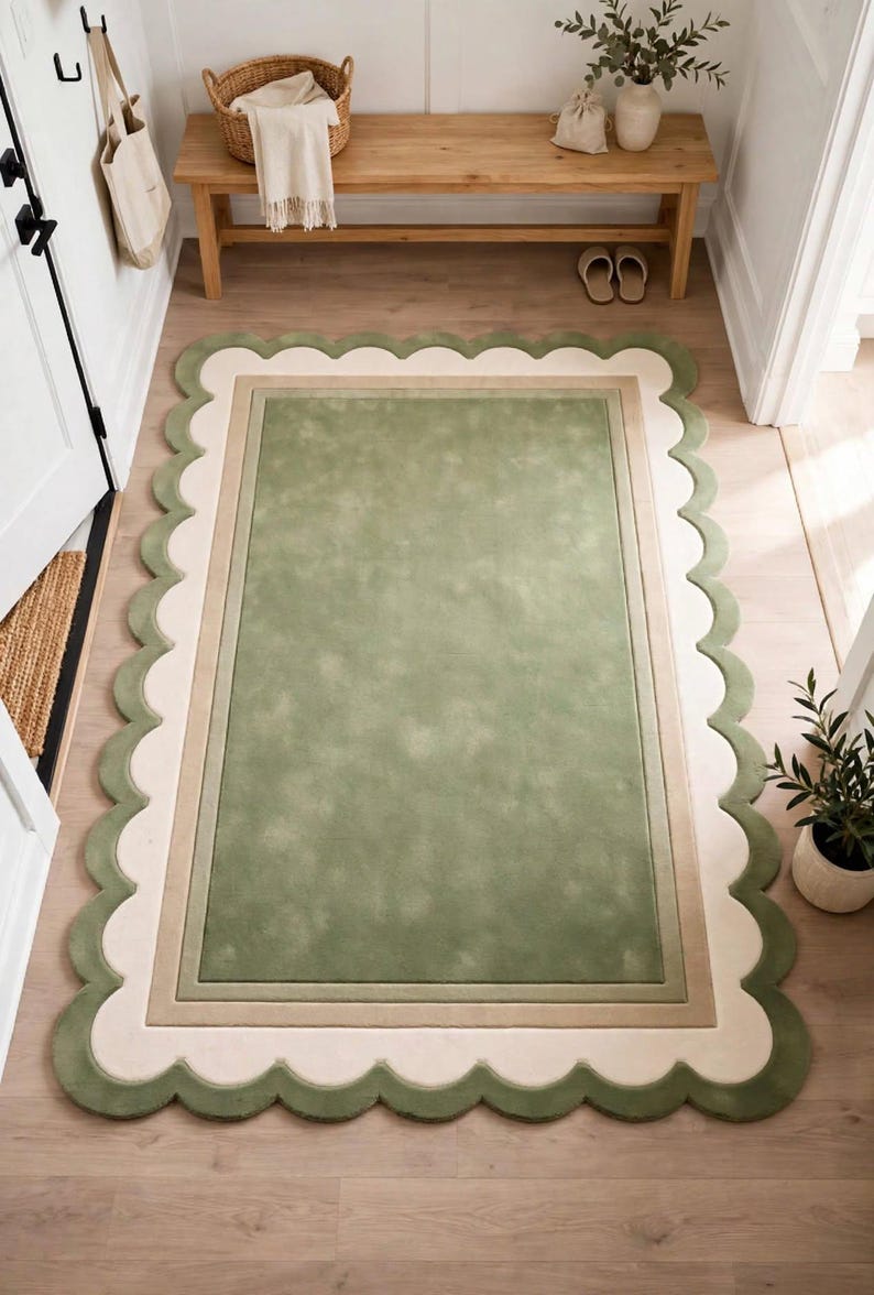 Sage Green Scalloped Rug, Hand Tufted Wool Area Rug, Scallop Border Rug ...