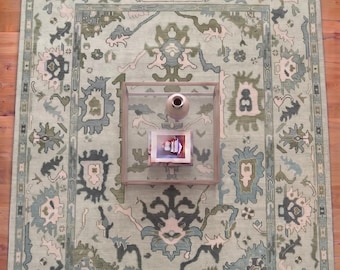 Handmade Oushak Rug - Vintage Style Sage Green & Pastel Pink Wool Carpet - Traditional Turkish Design Area Rug for Living Room,