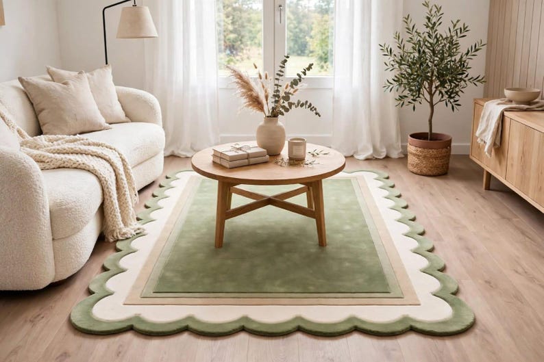 Sage Green Scalloped Rug, Hand Tufted Wool Area Rug, Scallop Border Rug ...