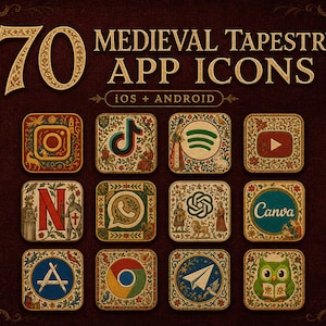 70 mittelalterliche Wandteppich-App-Icons, Alte Welt-Design für iOS & Android (Digitaler Download)