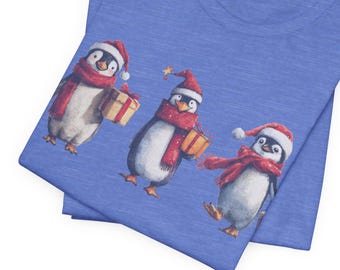 Christmas Penguins Tshirt, Penguins with Gifts, Cute, Fun, Festive Holiday Shirt